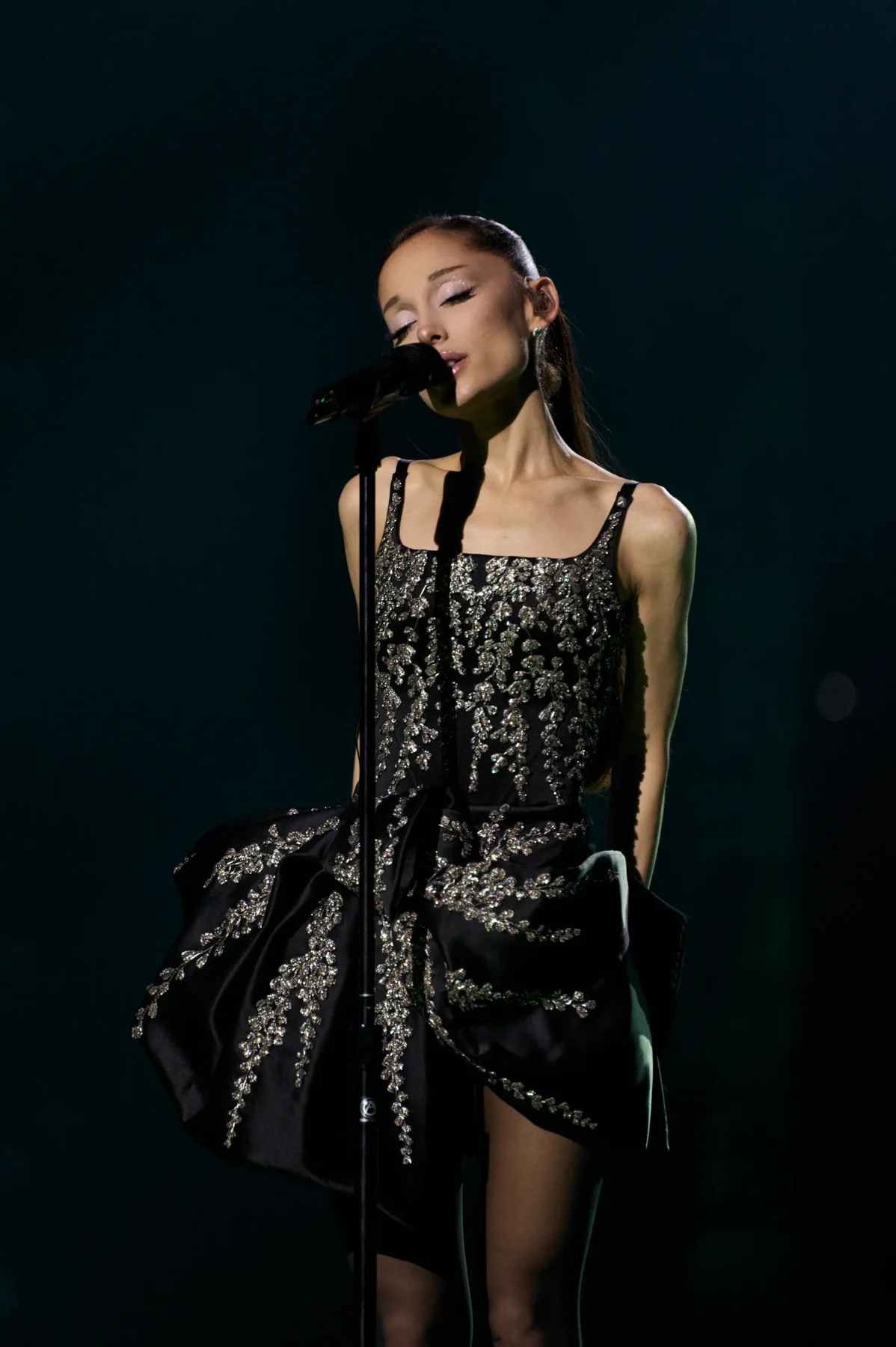 Ariana Grande wearing black couture Givenchy by Sarah Burton with silver embroidery on the Eternal Sunshine Tour finale