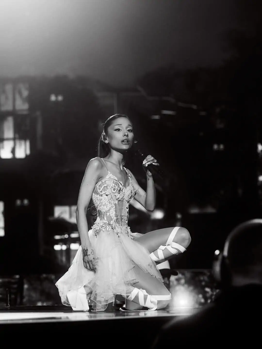 Ariana Grande Act III outfit detail — Wiederhoeft tulle and white Christian Louboutin platform boots with ribbon lacing