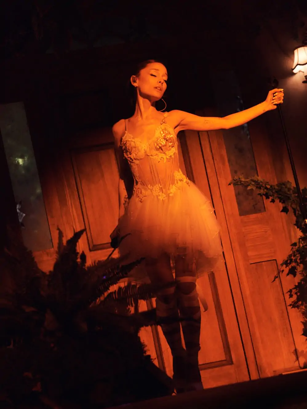 Ariana Grande wearing custom Wiederhoeft lace corset with voluminous tulle skirt on the Eternal Sunshine Tour